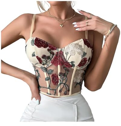 FRESQA Hauts Corset pour Femmes Bustier Shapewear Lingerie Dentelle Taille Push Up Vintage Fête Corset Haut Court Y2k Mode Bustier Débardeur