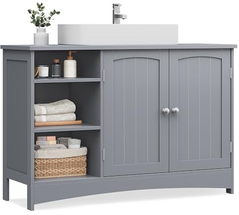 VASAGLE Waschbeckenunterschrank, Unterschrank, Badezimmerschrank, extra lang, 30 x 90 x 60 cm, 2 Türen, Badschrank, offene Fächer, höhenverstellbare Ablagen, Taubengrau BBC410P36