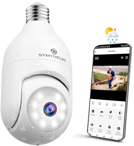 SYMYNELEC Caméra Surveillance Ampoule Extérieure Étanche, Caméra WiFi sans Fil 2,4 GHz, Caméra Sécurité Intelligente 2K avec Vision Nocturne Couleur, Détection Mouvement Humain, Compatible avec Alexa