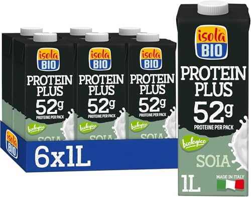 ISOLA BIO - Pack de 6 Unidades de 1 L de Bebida Ecológica Vegetal de Soja con Proteína 52g - Apto para Veganos - Ideal para Tomar Sola, con Café o en Batidos