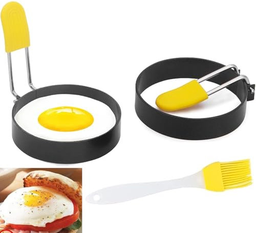 Bkemkri 2 PCS Stampi per Uova Fritte con Pennelli, Antiaderenti Anti-scottatura Anelli per Uova Fritte in Acciaio Inox per Frittate, Pancake, Formine per Uova Fritte, Frittelle, Panini, Dolci, Muffin