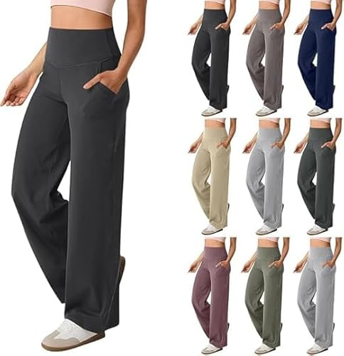 AMDOLE Pantalones de yoga de pierna ancha para mujer con bolsillos, cintura alta, pierna recta, control de abdomen, leggings acampanados