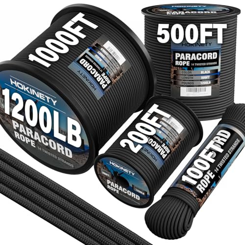 HOKINETY 1200 Paracord Rope - 4.4mm 14 Strand Nylon Parachute Spool para Cord Lanyard for Outdoor Camping Survival Utility Tent Crafting DIY Projects Fishing Clothsline Bracelet - Black 100FT