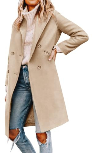 Cicy Bell Womens Notched Lapel Collar Double Breasted Pea Coat Winter Wool Blend Over Coats Long Jackets,light khaki,L