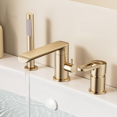 XJTNLB Miscelatore Doccia Oro Spazzolato Rubinetteria Bordo Vasca 3 Fori Bocca Girevole a 360 ° Miscelatore Monocomando per Vasca da Bagno