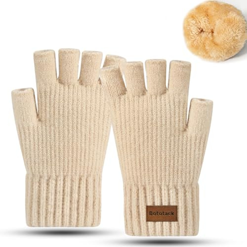 Bototack Fingerless Gloves for Women - Winter Thermal Half Finger Gloves Warm Knitted Fingerless Mittens for Driving Running (Beige)