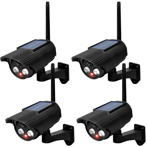 4 pezzi Telecamera Finta, 135 X 60mm Telecamera Finta da Esterno, Telecamera finta con Led, Telecamera di Sorveglianza Finte con LED Rosso Lampeggiante per Interni ed Esterni Soluzione Economica Nero