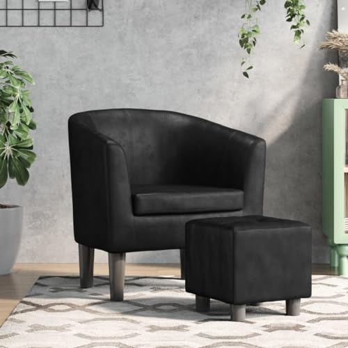 WEMYUFURN Moderna poltrona da club con poggiapiedi in ecopelle nera per soggiorno, ufficio, resistente allo sporco, facile da pulire, robusto telaio in legno, comoda imbottitura, look elegante