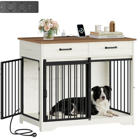 Gabbia mobile per cani da interno, in legno, con presa elettrica e due cassetti; cuccia mobile con sportelli a tre ante, adatta a cani di taglia media e grande; dimensioni 97x56x81 cm;