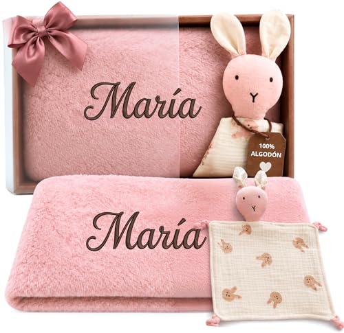 Dalvitas Manta Verano Bebé Bordada Personalizada + Doudou 100% Algodón - Pack Regalo Recién Nacido Niño Niña - Set Canastilla Extrasuave y Ligera