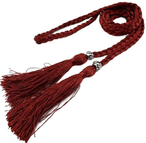 JHSDHYD Cintura Corda Intrecciata Cintura da donna con nappa intrecciata lunga sottile Abito in corda cintura decorata Accessori a catena(Wine red)