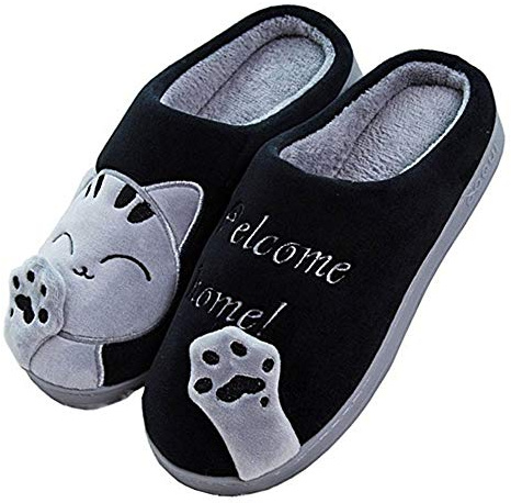 Cliont Mignon Chat Pantoufles Pantoufles Intérieur Anti Slip Chaussures pour Les Femmes Et Les Hommes,Noir,39/40 EU(Taille Fabricant: 40/41)