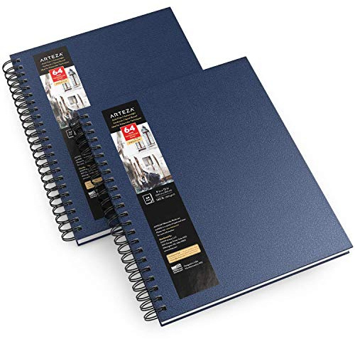 Arteza Premium Watercolour Sketchbook, 22.9x30.5 cm, 2 Pack, 64 Sheets, 300gsm Watercolour Paper Pad, Blue Hardcover Journal, Spiral Bound, Art Supplies for Watercolour Techniques and Mixed Media