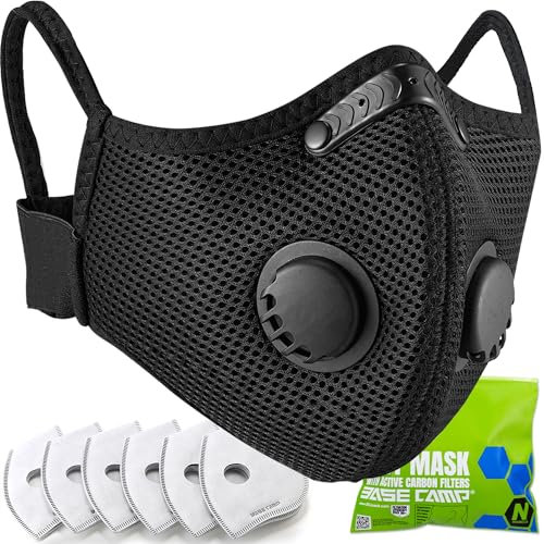 BASE CAMP M Plus Masque Anti-Poussière FFP2 NR - Lavable avec 6 Filtres à Charbon Actif pour Menuiserie, BTP, Meulage