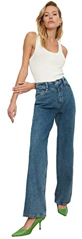 Trendyol Dark Blue Waist Detailed High Waist 90's Wide Leg Jeans, Jeans De Las Mujeres, Dark Blue, 36
