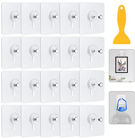 CoKeeSun 20PCS Adhesive Picture Hooks, 5kg Load Heavy Duty, Transparent Waterproof No More Nails Picture Hanging Hooks, 20 Picture Hooks and 1 Scraper, for Frames and Wall Decoration (20)