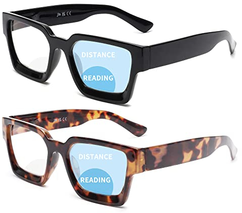 JM 2-Pack Quadratische Bifokale Lesebrille für Frauen, Blaues Licht Blockierende Computer-Leser mit Federscharnier, Schwarz-Schildkröte +2.0