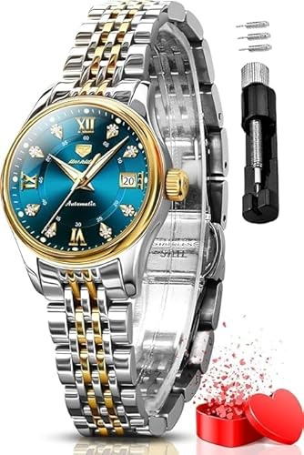 OLEVS Automatic Watches for Women Luxury Stainless Steel Gold and Silver Diamond Mechanical Dress Self Winding Date Waterproof Wrsit Watches for Ladies