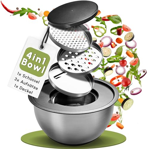 smitsch Gemüseschneider mit 4 verschiedenen Aufsätzen,zum raspeln schneiden, hobeln und zerkleinern. eingravierte Liter messanzeige. Komplett verschließbar durch enthaltenen Deckel