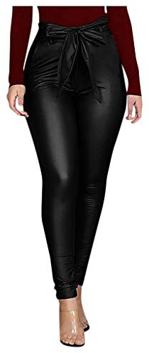 Femme Pantalons Simili Cuir Pantalon Droit Taille Haute en Cuir PU Pantalon de Loisirs Y2k Rétro Pantalon Chic Élastique Legging Pantalon en Cuir Noir Sexy Pants
