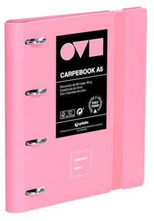 Grafoplas - Ordner mit 4 Ringen A5, Polyfoam, robust und ultraleicht, Unequal Minimal Rosa, inklusive Ersatz, Trennblätter und Umschlag, perfekt für die Organisation von Schulsachen