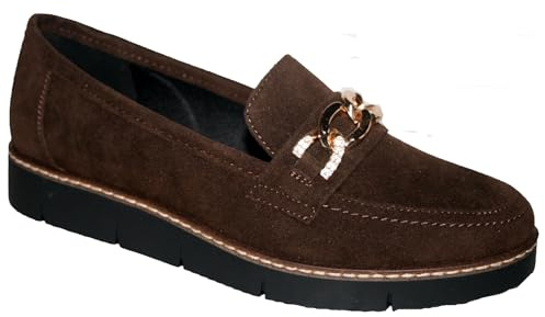 Cushion Walk Ladies Casual Slip-On Smooth Faux Leather Comfort Sporty Wedge Loafer with Chain Trim Sizes 4-8 (Brown Suede, UK Footwear Size System, Adult, Women, Numeric, Medium, 7)
