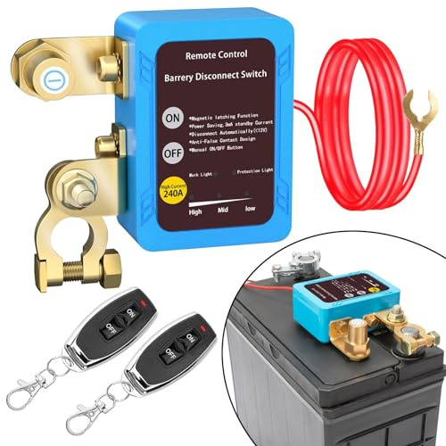 Disjoncteur de batterie 12 V avec télécommande, disjoncteur de batterie 12 V 240 A avec 2 télécommandes Kill Switch anti-vol pour moto, voiture, camping-car, bateau, yacht, caravane (bleu)