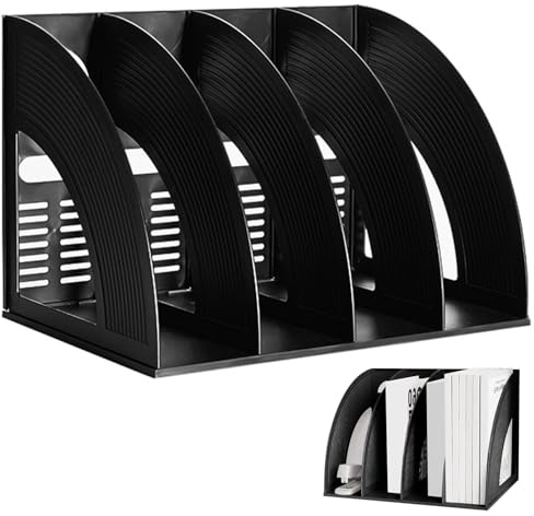 Porte Revues en Plastique, Collecteur vertical A4 Pliable, Porte Revues de Documents avec 4 Compartiments, Trieur de Collecteur Vertical Noir, Collecteur de Magazines, Livres