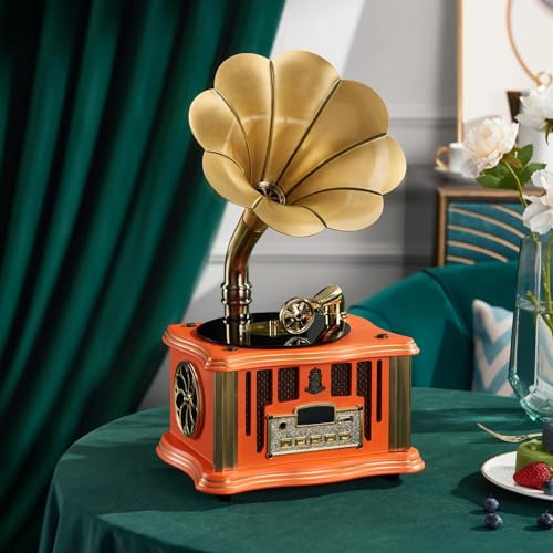 Giradischi Grammofono in vinile con altoparlanti integrati, Bluetooth, stile classico per gli amanti della musica vintage