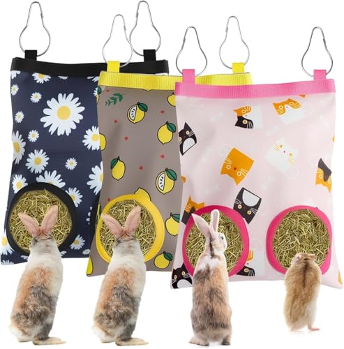 3 Pcs Sac à Foin de Lapin, Sac de Foin Suspendus Animaux Supports de Stockage avec 2 Trous Sac de Foin Mangeoire à Foin pour Lapin Sacs de Nourriture pour Chinchilla, Cochon d'Inde et Taupe (Small)