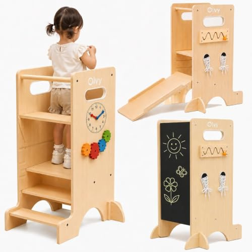 Olvy Kids 4-in-1 Montessori Torre De Aprendizaje - Learning Tower - Escalera De Madera - Escalón Infantil 4 Peldaños - Torre De Cocina Infantil - Torre De Aprendizaje Desde 1 Año