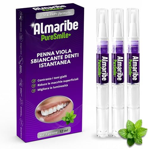 ALMARIBE PureSmile+ Sbiancante Denti Senza Perossido, Kit con 3 Penne Gel da 4 ml, Totale 12 ml, Sbiancamento Denti professionale a Casa, Testato 7 Giorni, per Denti Bianchi, Facile da applicare