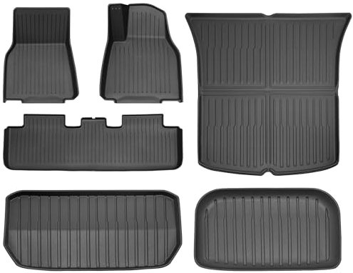 SUPER LINER Tesla Model Y Floor Mats 2025 2021-2024 | Custom Fit All-Weather 6-Piece Set TPE Material| Back Seat Protector, Cargo Liner, Trunk & Interior Accessories(Not Fit 7Seat & Juniper)