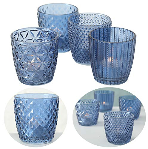 LS-LebenStil 4X Glas Teelichthalter Retro Blau 7cm 4´er Set Kristall Ornament Teelicht-Gläser Windlicht-Halter Kerzenständer Tischdeko Kerzen Deko Kerzenhalter für Teelichter Hochzeit