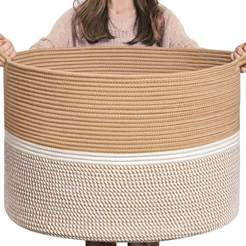 CHICVITA XXL Extra Large Cotton Rope Woven Basket with Handles, Throw Blanket Storage Basket, Decorative Clothes Hamper - 22 x 22 x 14, Brown&White