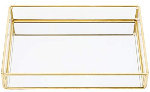 Gold Spiegel Tablett, Vintage Metall Glas Aufbewahrungsbox Gold Tablett Schmuck Kosmetik Display Boxen up Parfüm Organizer für Waschtisch, Kommode, Badezimmer, Schlafzimmer(Rectangular medium)