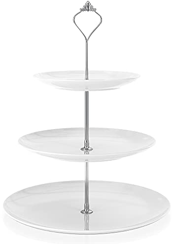 Intirilife Tortenständer aus Porzellan 3 stöckig in Weiß - 15.5/20.5/26.5 x 33.5 cm - Servierständer 3 Ablagefächer- Etagere 3 Etagen rund für Torten, Obst, Muffins, Cupcakes- Küchen Deko