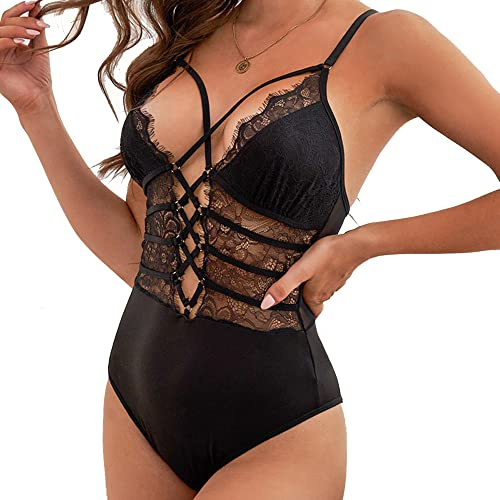 NBBNYJ Body Donna Elegante Vintage Estivi Pizzo Nero V Collo Senza Maniche Bodysuit Blusa Camicie Top Tuta Abbigliamento (L, Nero-C)