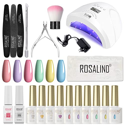 ROSALIND Kit Vernis Semi Permanent Complet UV LED Lampe 48W, 6 Couleurs 10ml Vernis Gel UV Semi Permanent Pastel avec 4PCS Base et Top Coat Matt, Nail Art Outil Kit Manucure