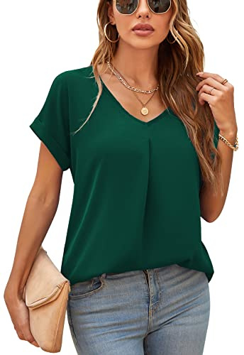 Yommay Blouses for Womens V Neck Ladies Tops Summer Chiffon Blouses Tops Short Sleeve Casual T Shirts(Dark Green,X-Large)