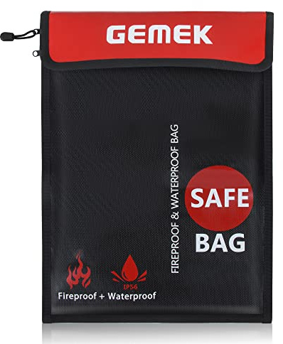 Fireproof Document Bag (2000℉) Upgraded 2 Pockets, GEMEK 38 x 28cm Fireproof and Waterproof Money Bag Fireproof Safe Storage for Money, Documents, Jewelry and Passport (Black - 2 Zipper)