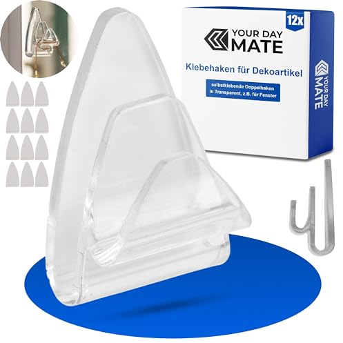 Klebehaken für Deko, 12 Stück, in Durchsichtig, selbstklebende Haken mit Klebestreifen, 500 Gramm Halteleistung pro Fensterhaken, Kunststoffhaken für Fenster, Rahmen, Fliese, Gardinenhaken zum Kleben
