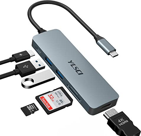 YLSCI Adaptador Multipuerto USB C, Hub 6 en 1 con 4K HDMI, 100W PD, 2 x USB 3.0, Lector de Tarjetas SD/TF para MacBook Air, Pro, iPad Pro, DELL, Lenovo, Samsung