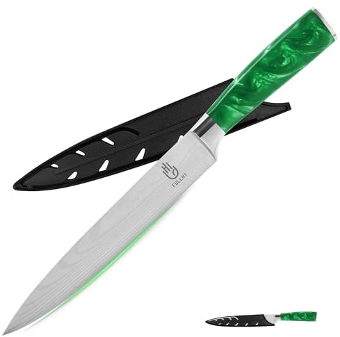 FULLHI Coltelli per affettare, Colore 20cm Coltello giapponese con fodero, Coltello per intagliare Coltello da cucina in acciaio inox con guardia (Resina verde)