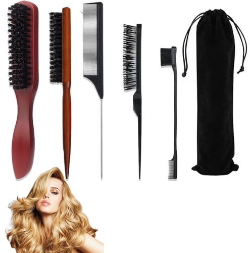 5 Stück Sleek Bun Bürste, Sleek Bürste Feinhaarig Bürste und Langhantel Wildschweinborsten Bürste Mehrfachstil Haarbürste Wildschweinborsten für Haarstyling und Bartreinigung