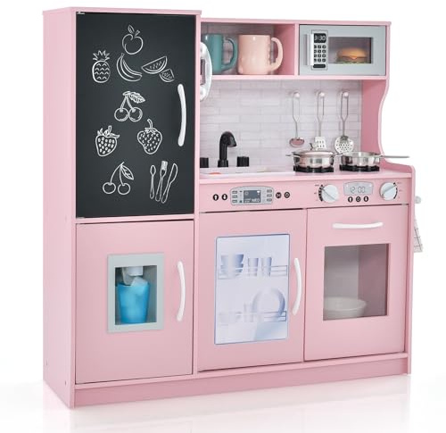 GOPLUS Cuisine en Bois Enfant avec Effet Sonore, Jouet de Cuisine Enfantavec Tableau Noir et 6 Compartiments de Rangement, Télephone, Accessoires Riches, pour Garçon Filles 3-6 Ans (Rose Clair)
