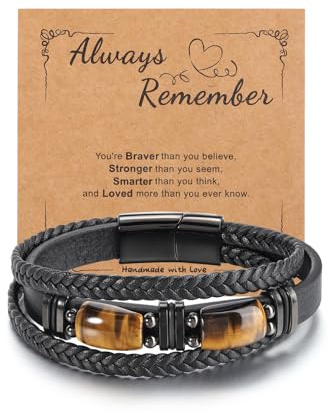 JSDDE Mens Bracelets Tiger Eye Crystal Stone Black Leather Bracelet Gifts for Husband Boy Friend Dad Son