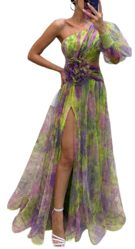 Maxi vestido de verano para mujer, de un hombro – Elegante vestido de verano en capas de malla con abertura en capas, decoración con nudo floral, vestido de noche plisado para cóctel, playa, bodas