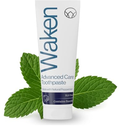 Waken Advanced Care Toothpaste 6-in-1 Formula - SLS Free with Natural Peppermint & Fluoride, Vegan Toothpaste for Fresh Breath, Clean Teeth & White Smile, 75ml