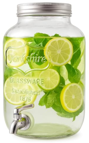 Dispenser in Vetro per Bevande 4L con Rubinetto in Plastica Cromata Lavabile in Lavastoviglie Ideale per Feste Aperitivi e Campeggio 14 x 14 x 26 Cm Trasparente (Rubinetto In Plastica)